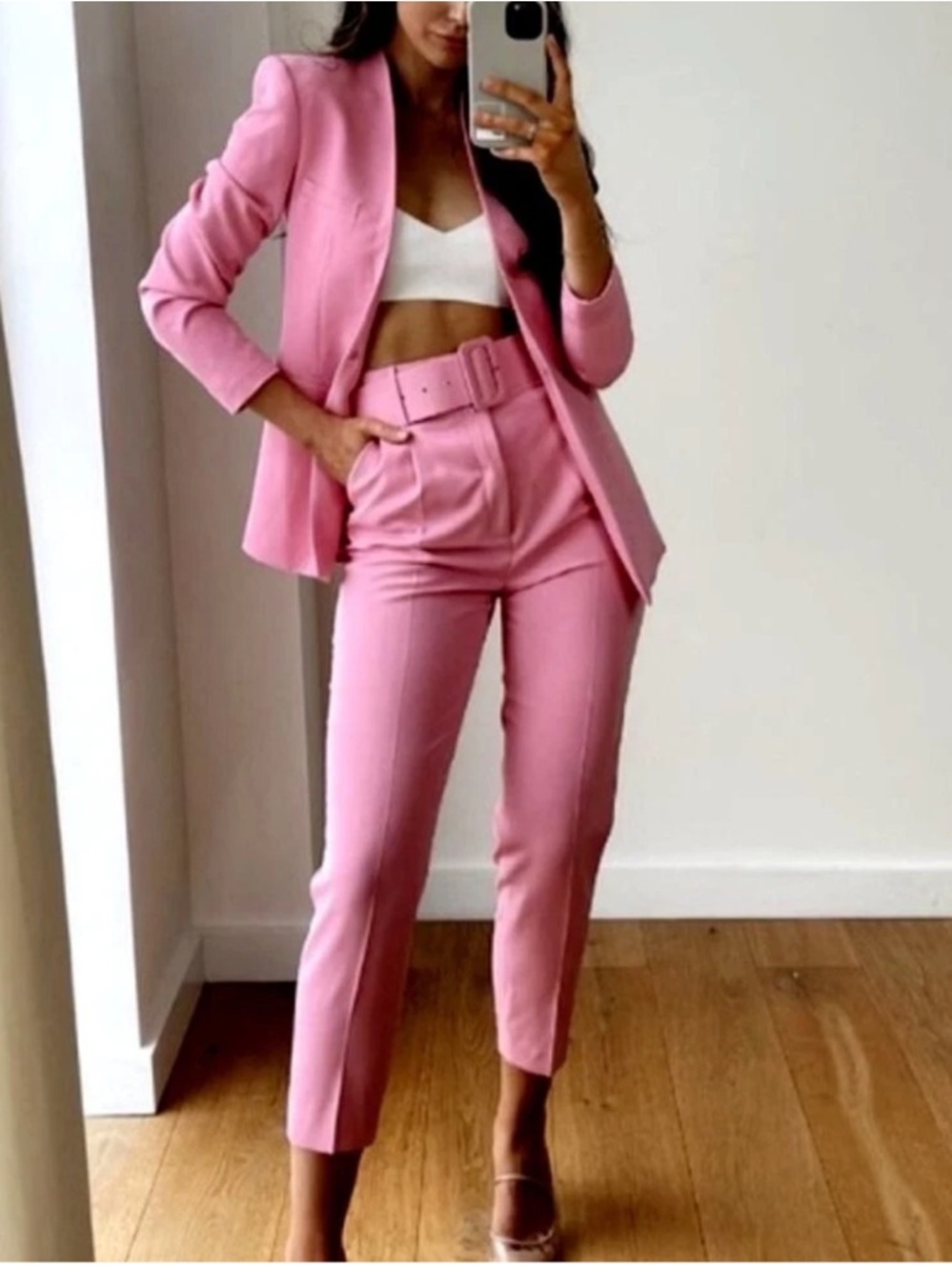 Tailored Pink High-Waist Belted Trousers